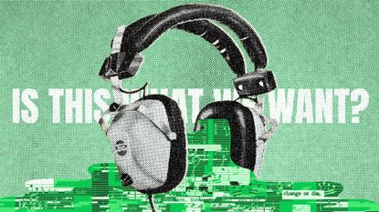 Illustrative collage of a pair of headphones, leaking a puddle of music note glitch art. In the background, there is the slogan "Is this what we want?"