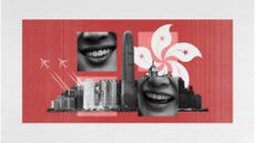 Photo collage of the Hong Kong skyline, smiling mouths, and flying planes leaving trails in the air.