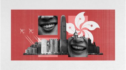 Photo collage of the Hong Kong skyline, smiling mouths, and flying planes leaving trails in the air.