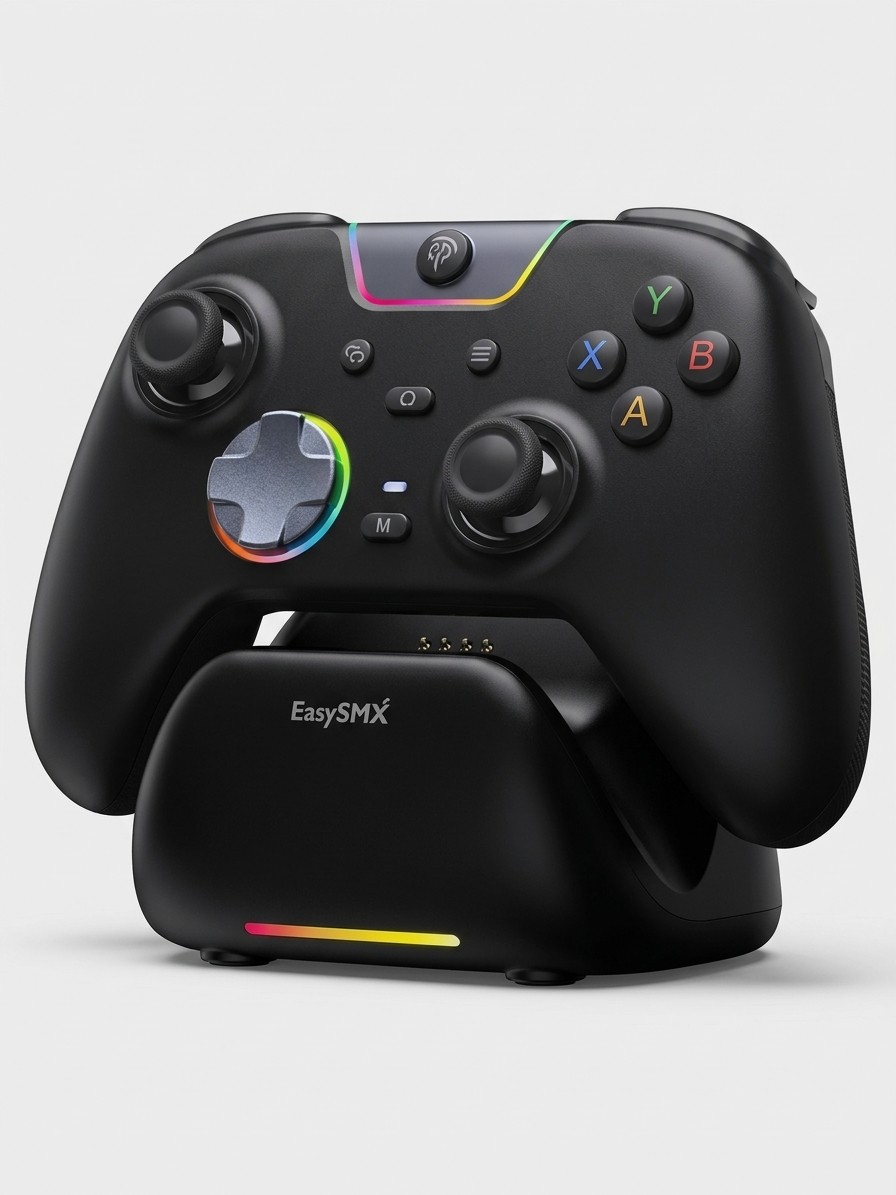 An EasySMX X05 Pro gaming controller on its charging stand