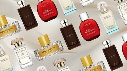 Collage of bottles of perfume from Vilhelm Parfumerie, Jo Malone London, Clarins, Herm&egrave;s and Aerin, set against a taupe silk background