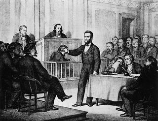 Abraham Lincoln, attorney and future President, is shown defending William "Duff" Armstrong, the defendant in an 1858 murder prosecution. Armstrong was acquitted after Lincoln proved that the key prosecution witness had lied on the stand.