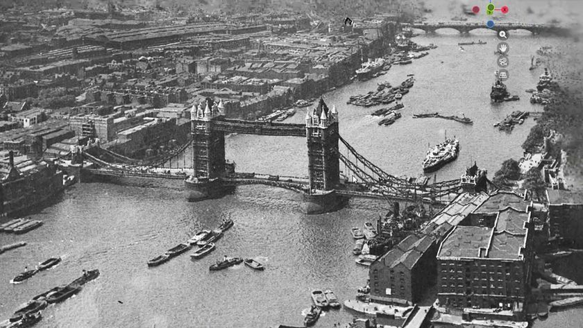 An image of Tower Bridge in London in the 1930s turned into a 3D model using Gaussian splatting