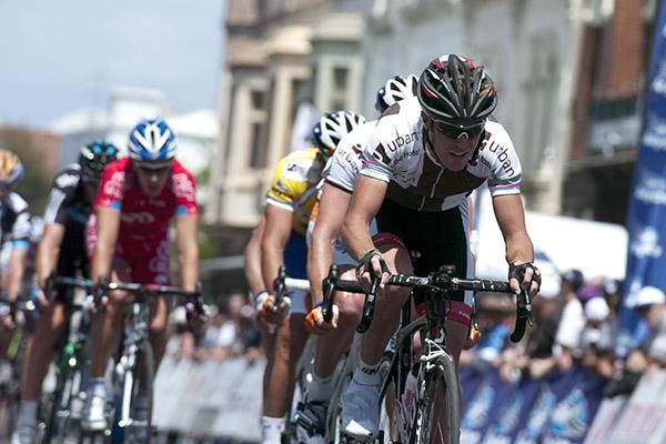 Johnnie Walker (Urban) from Victoria drives the peloton down the home straight in Williamstown.