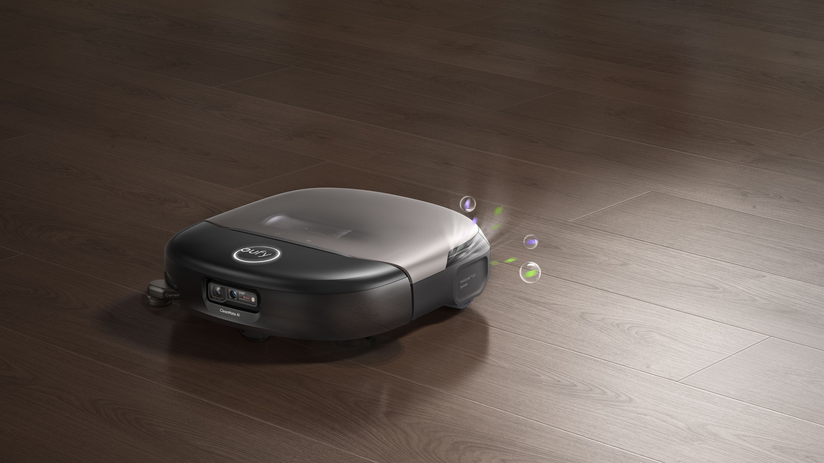 Eufy Omni S2 robot vacuum cleaning wooden floors, with bubbles coming out the back of it