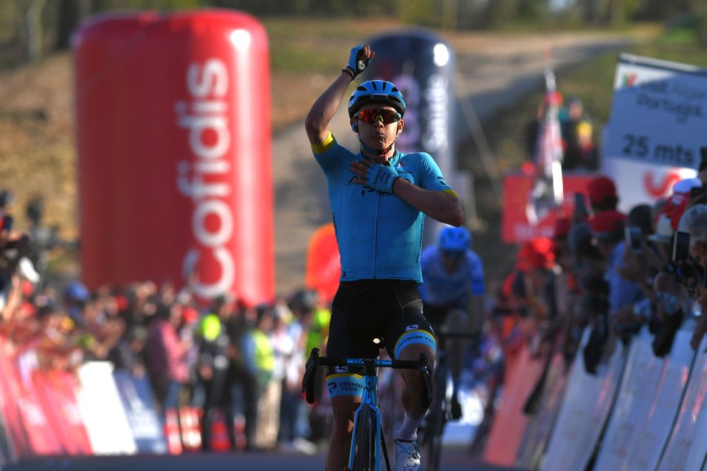 ALTO DO MALHO LOUL PORTUGAL FEBRUARY 22 Arrival Miguel ngel Lpez of Colombia and Team Astana Pro Team Celebration during the 46th Volta ao Algarve 2020 Stage 4 a 1697km stage from Albufeira to Alto do Malho 518m Loul VAlgarve2020 on February 22 2020 in Alto do Malho Loul Portugal Photo by Tim de WaeleGetty Images