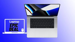 M1 Max MacBook Pro with epic deal text and blue gradient background