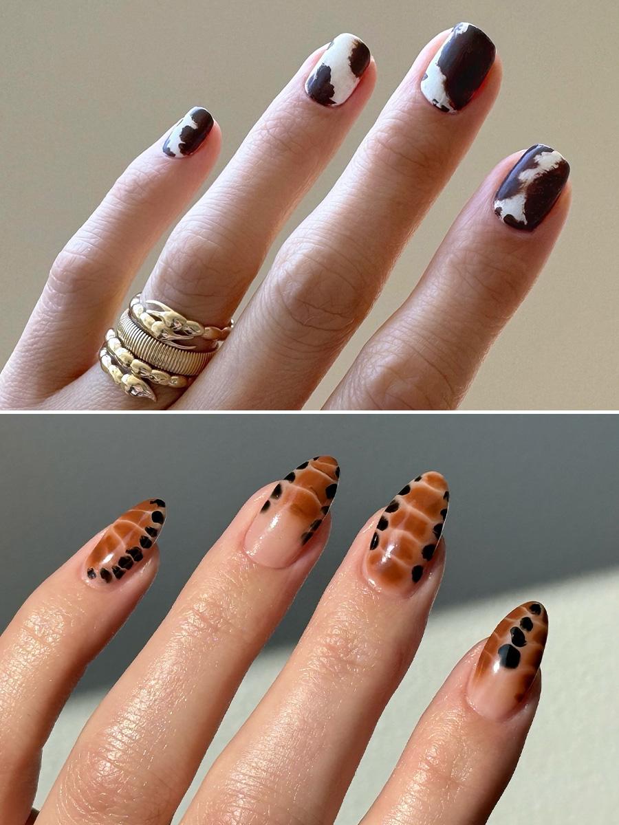 A cow print manicure by Betina Goldstein and crocodile print manicure by Queenie Nguyen