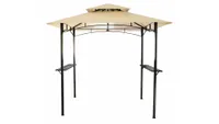 A cream gazebo with black metal legs and side shelves