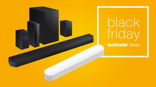 Samsung and Sonos soundbars on yellow background with sign saying Black Friday deals
