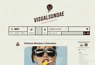 Visual Sundae's website has a custom nav design, using Tumblr's built-in functionality. Pages are organised by tags and accessible from the site's drop down menu