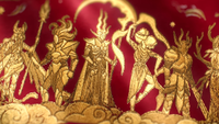 A tapestry of the gods in Guild Wars 3, rendered powerfully in gold and red.