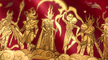 A tapestry of the gods in Guild Wars 3, rendered powerfully in gold and red.