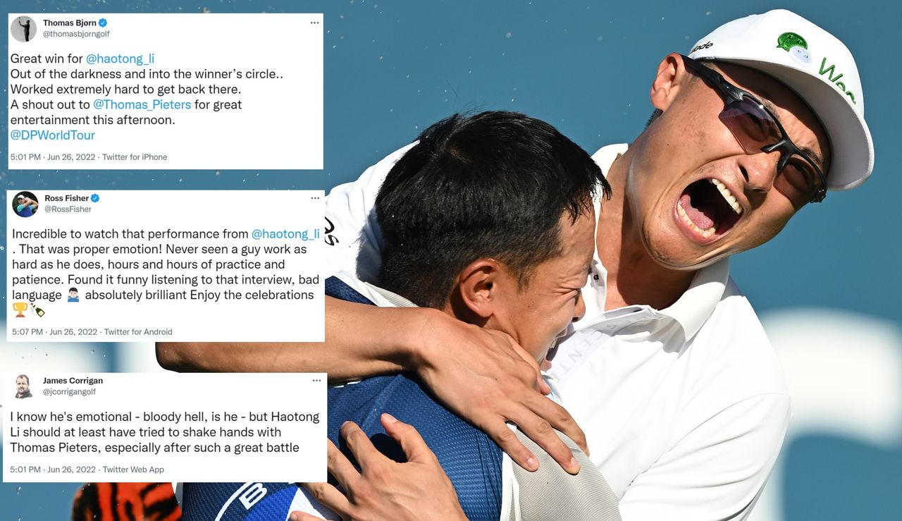 Li celebrates with his caddie