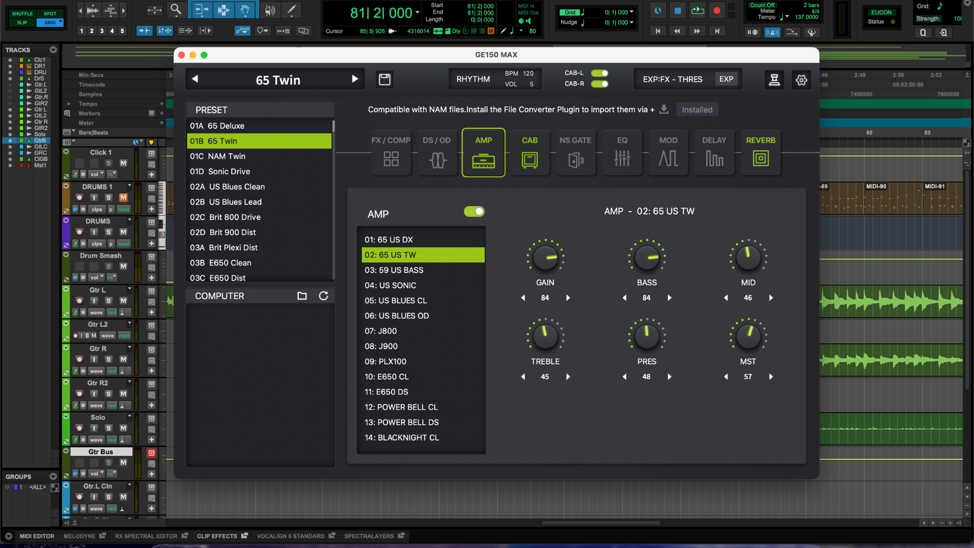 A screenshot of the companion software for the Mooer GE150 Max Li with Pro Tools in the background