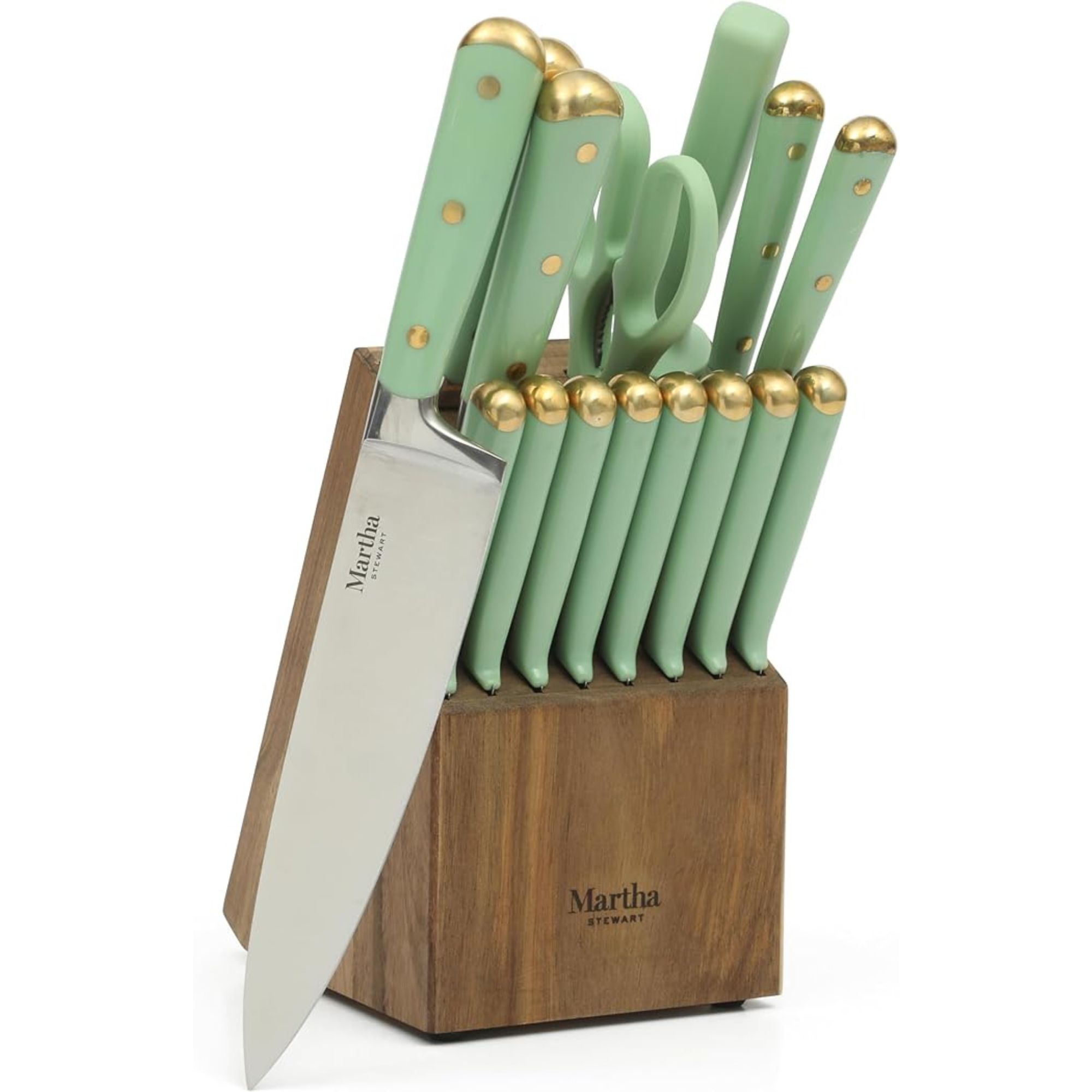 Martha Stewart 16 Piece Lockton High Carbon Stainless Steel Cutlery Kitchen Knife Block Set - Sage Green