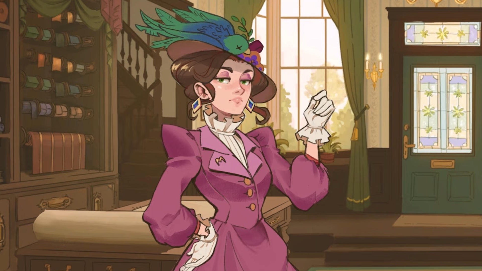 Dressmaker character in dark pink dress