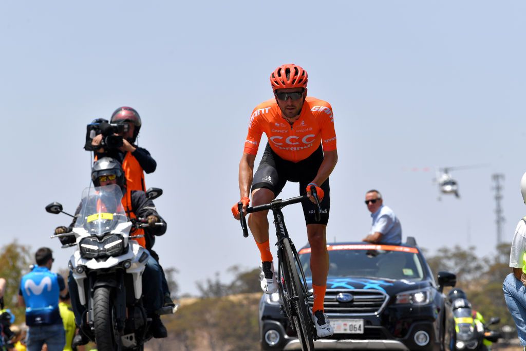 Joey Rosskopf crests Breaakneck Hill during stage 1 at the Tour Down Under