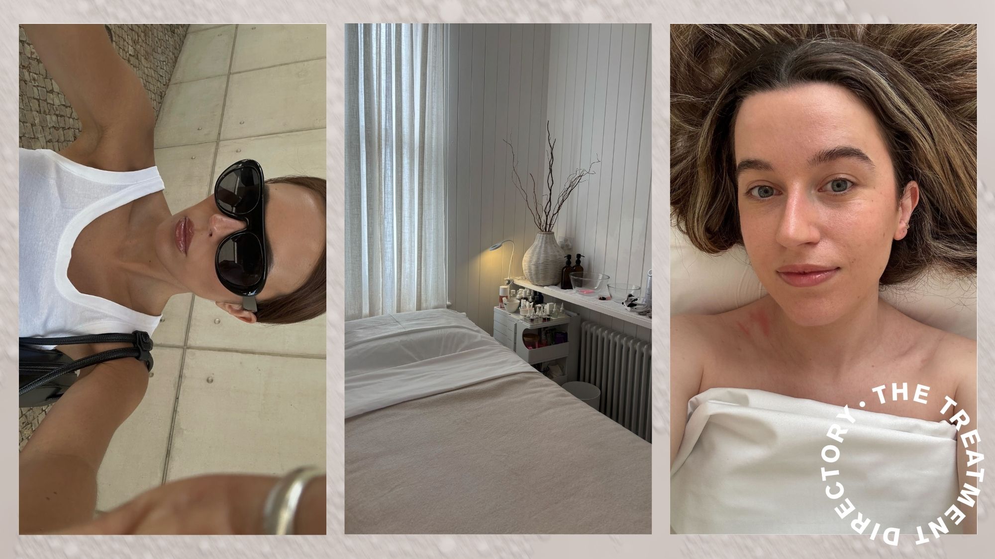 A selfie of @deborabrosa, a picture of a salon space and deputy beauty editor Grace Lindsay before getting acupuncture