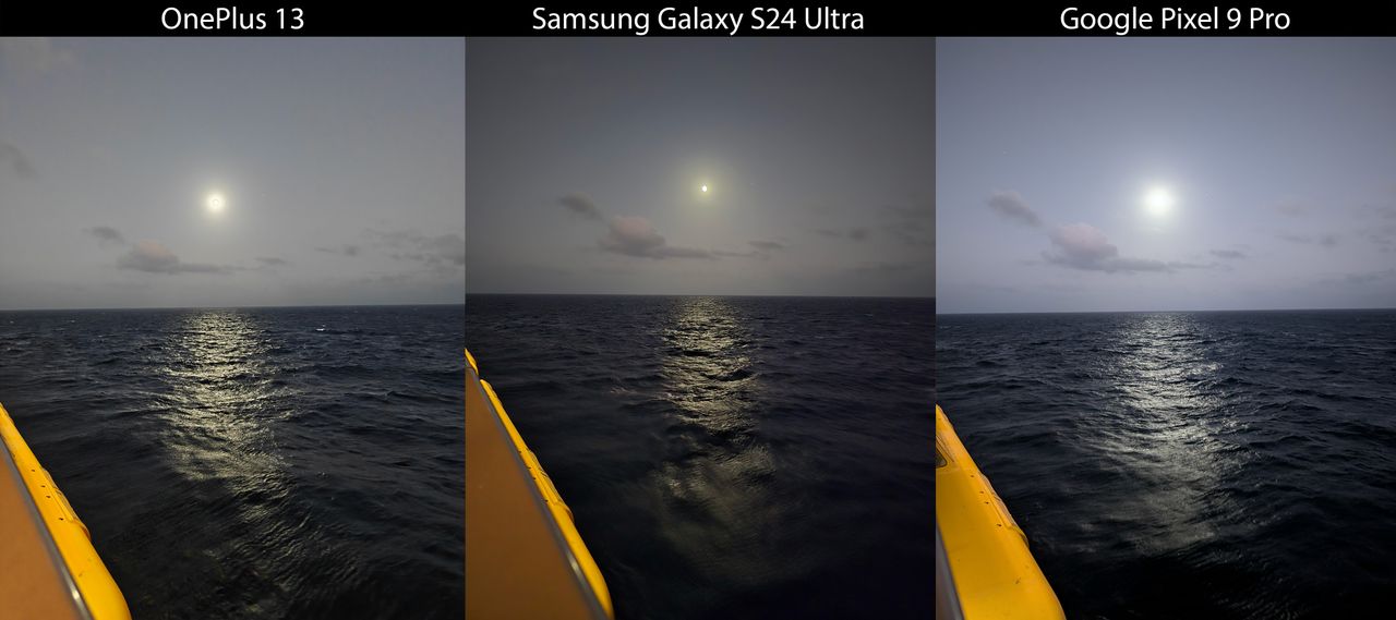A photo taken from the deck of a ship at night, looking at the moon reflecting off the ocean, comparing the OnePlus 13 to the Samsung Galaxy S24 Ultra and Google Pixel 9 Pro