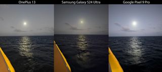 A photo taken from the deck of a ship at night, looking at the moon reflecting off the ocean, comparing the OnePlus 13 to the Samsung Galaxy S24 Ultra and Google Pixel 9 Pro