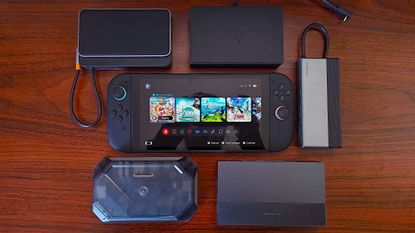 Nintendo Switch 2 on desk circled by third party docking stations.