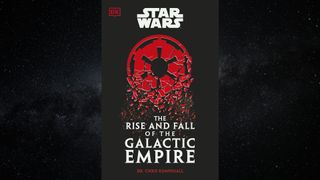 a book cover with the text "rise and fall of the galactic empire" in front of a starry background