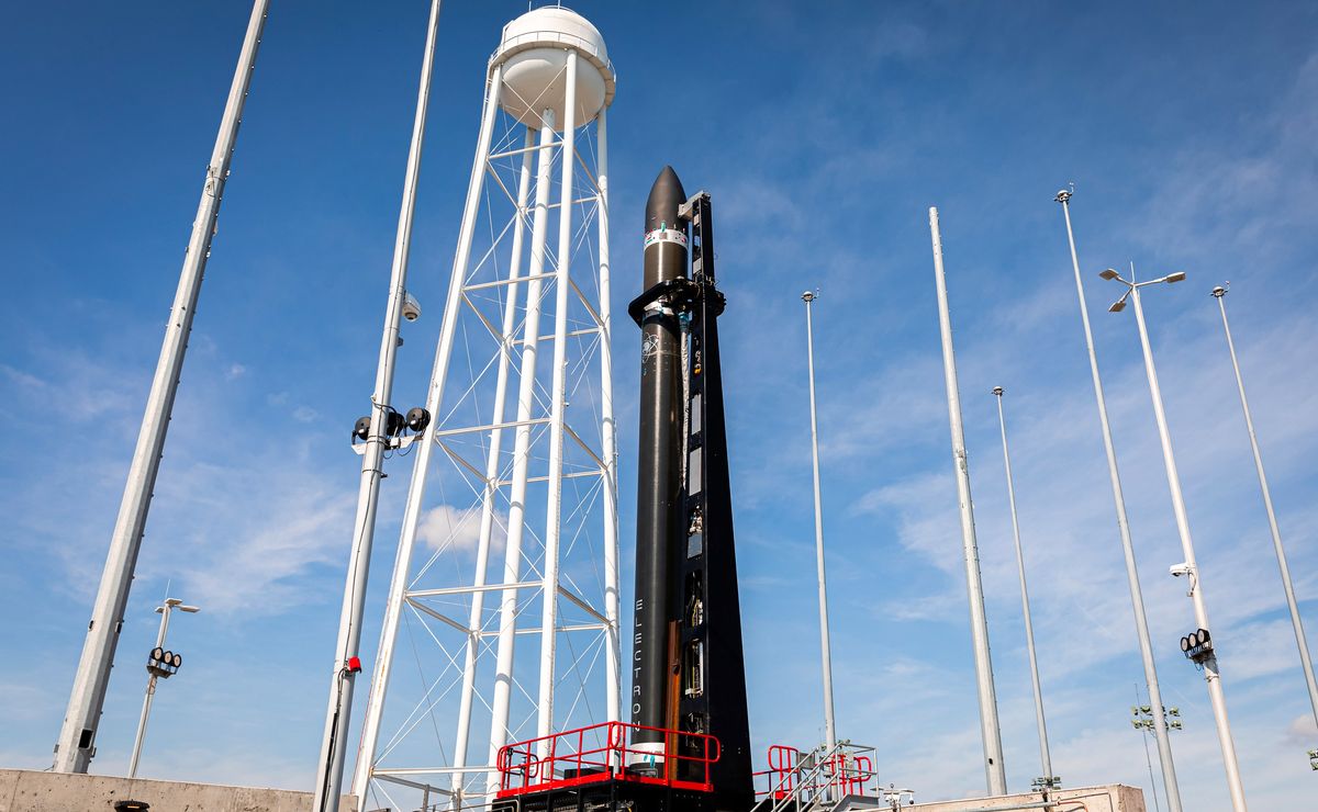 A Rocket Lab Electron booster carrying satellites for the U.S. National Reconnaissance Office, NASA and more stands atop Launch Complex 1 at Mahia Peninsula, New Zealand ahead of the &quot;Don&#039;t Stop Me Now&quot; mission launching on June 11, 2020.