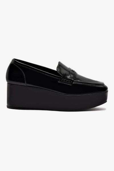 Larroudé, Suki Flatform Loafer in Black Box Leather