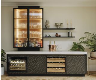 Black wine cooler and cabinet with wooden shelves