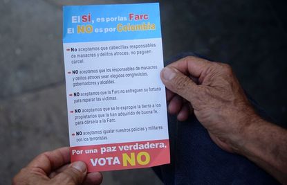 A piece of paper urging Colombians to vote no on the peace deal.