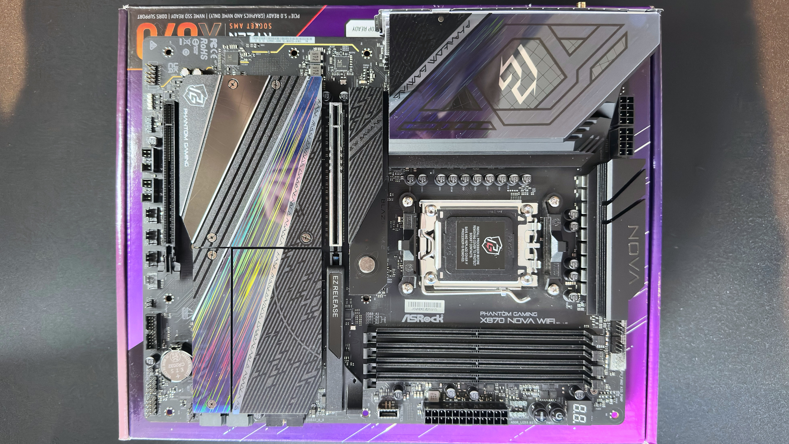 An overhead photo of the ASRock Phantom Gaming X870 Nova WIFI motherboard