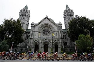 Passing in front of an old church along the Tour of Missouri course.