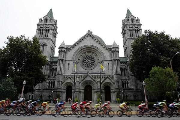 Passing in front of an old church along the course.