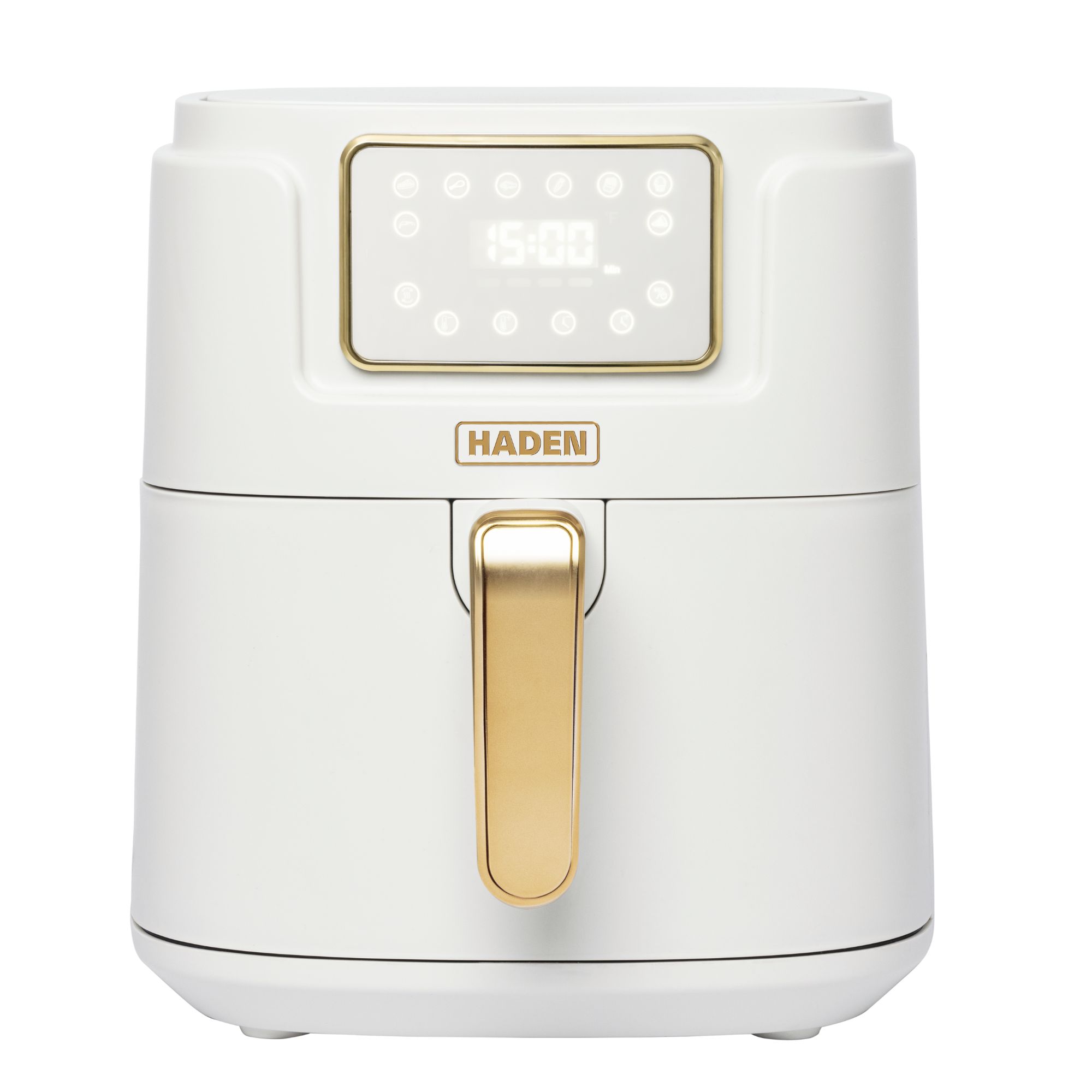 White air fryer with a brass handle and digital display