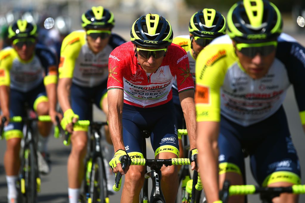 Jan Hirt is carefully protected by his Intermarche teammates at the Tour of Oman
