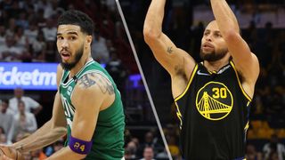 (L) Jayson Tatum #0 of the Boston Celtics and (R) Steph Curry #30 of the Golden State Warriors will face off in the Celtics vs Warriors live stream of the NBA Finals game 1
