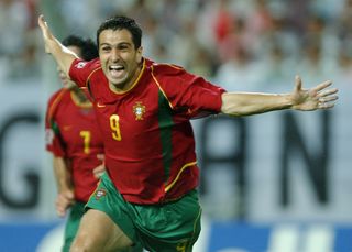 Pauleta celebrates after scoring for Portugal against Poland at the 2002 World Cup.