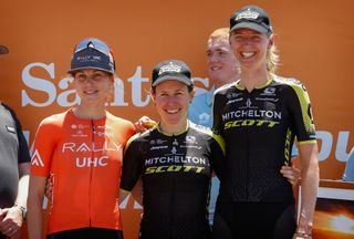 Kristabel Doebel-Hickok, Amanda Spratt and Lucy Kennedy on the stage 2 podium at the Tour Down Under
