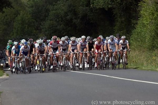 The peloton stretched across the road.