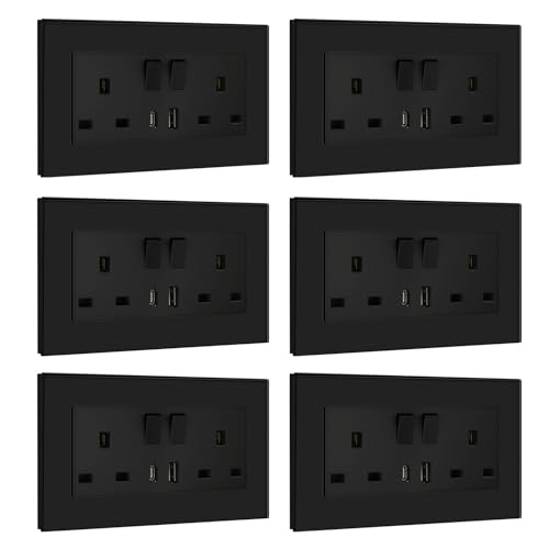 Bseed Double Switched Sockets With Usb C and Usb a Charging Ports, Uk Standard Electric Power Sockets With Glass Panel, 2 Gang 13a Wall Socket, Black, 6 Pack