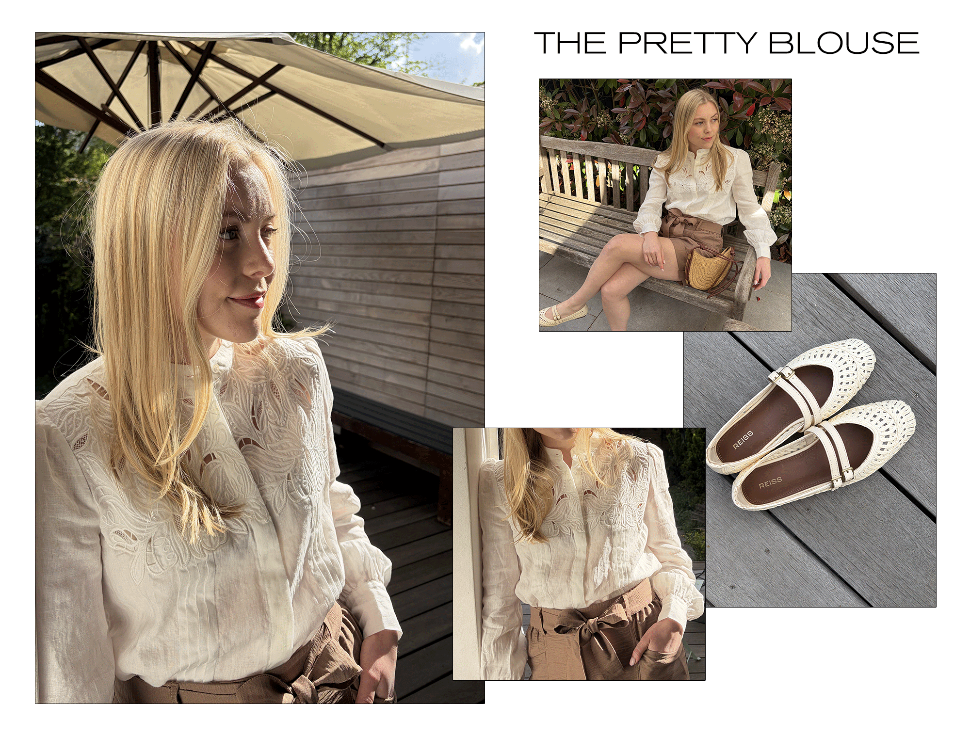 Woman wears pretty blouse, tailored shorts and woven ballet flats