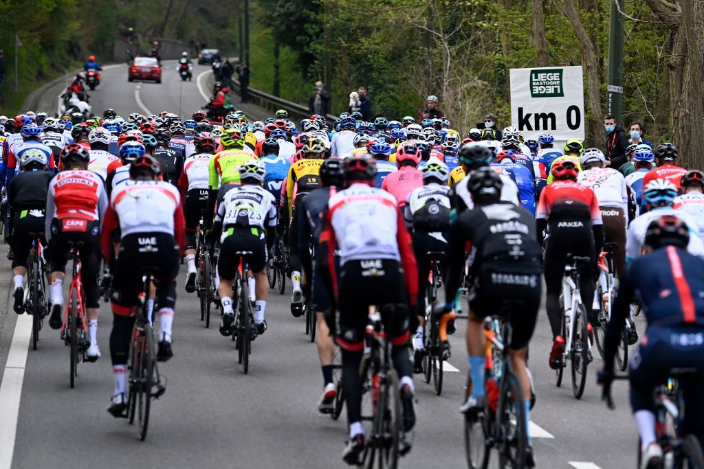Illustration picture shows the pack of riders in action during the start of the LiegeBastogneLiege one day cycling race 2595km from Liege to Liege Sunday 25 April 2021 in Liege BELGA PHOTO ERIC LALMAND Photo by ERIC LALMANDBELGA MAGAFP via Getty Images