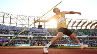 Germany's Julian Weber throws a javelin at the World Athletics Championship 2022