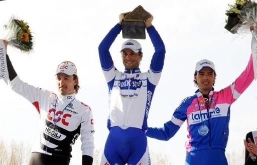 The 2008 Paris-Roubaix podium: Fabian Cancellara (Team CSC), Tom Boonen (Quick Step) and Alessandro Ballan (Lampre).