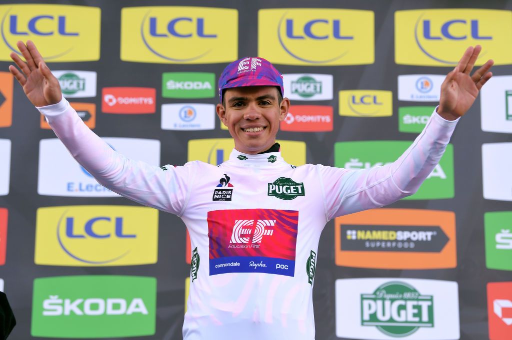 CHALETTESURLOING FRANCE MARCH 09 Podium Sergio Andres Higuita of Colombia and Team Ef Education First White Best Young Jersey Celebration during the 78th Paris Nice 2020 Stage 2 a 1665km stage from Chevreuse to ChaletteSurLoing ParisNice parisnicecourse PN on March 09 2020 in ChalettesurLoing France Photo by Luc ClaessenGetty Images