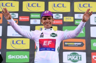 CHALETTESURLOING FRANCE MARCH 09 Podium Sergio Andres Higuita of Colombia and Team Ef Education First White Best Young Jersey Celebration during the 78th Paris Nice 2020 Stage 2 a 1665km stage from Chevreuse to ChaletteSurLoing ParisNice parisnicecourse PN on March 09 2020 in ChalettesurLoing France Photo by Luc ClaessenGetty Images