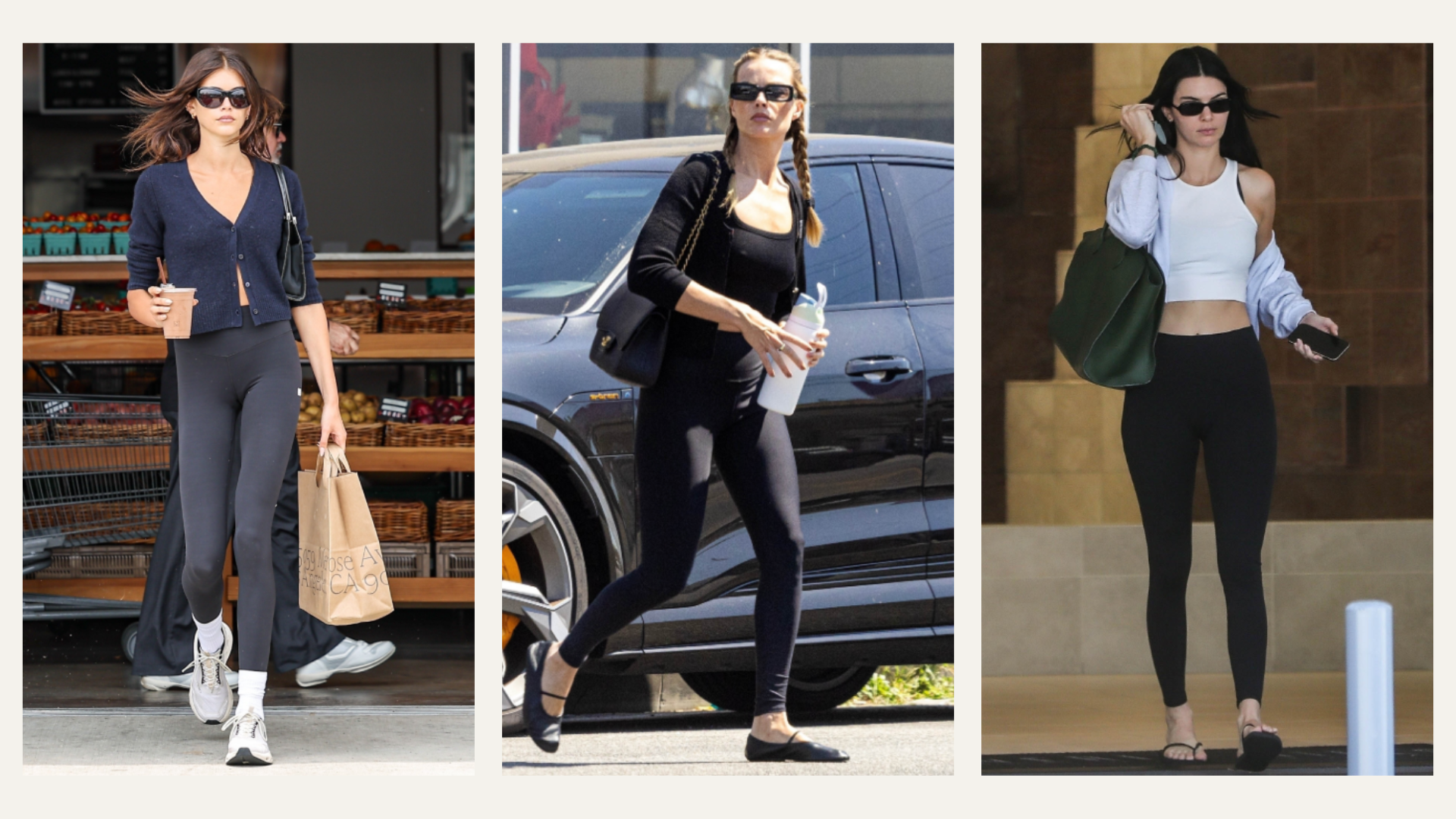 Fashion people Kendall Jenner, Margot Robbie and Kaia Gerber wear the wearing fall 2025 leggings outfit
