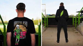 A model wearing a Grateful Dead-branded Forest Green Rovers t-shirt and hoodie