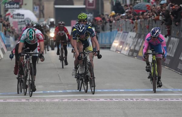 Philippe Gilbert (Omega Pharma - Lotto) nips his competition at the line.
